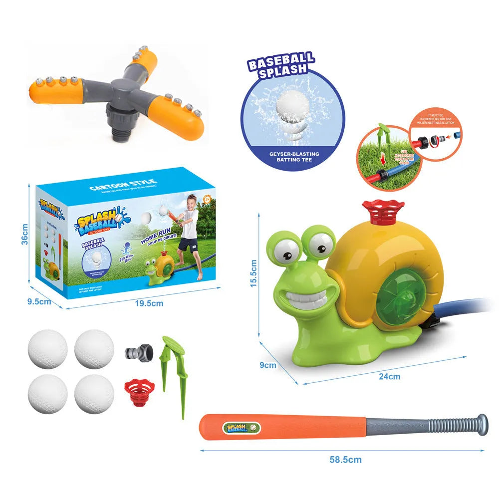 Cactus-shaped outdoor water sprinkler toy for kids on green grass with water spray