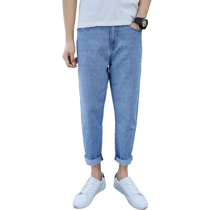 Men's black loose straight jeans with harem-style casual cut