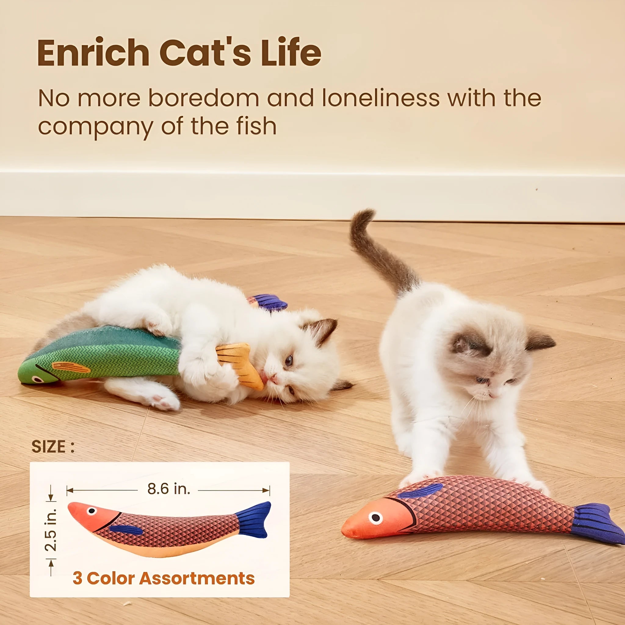 Green orange yellow catnip fish kicker toy measuring 24cm with soft plush material for indoor cat exercise