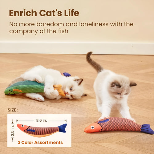 Green orange yellow catnip fish kicker toy measuring 24cm with soft plush material for indoor cat exercise