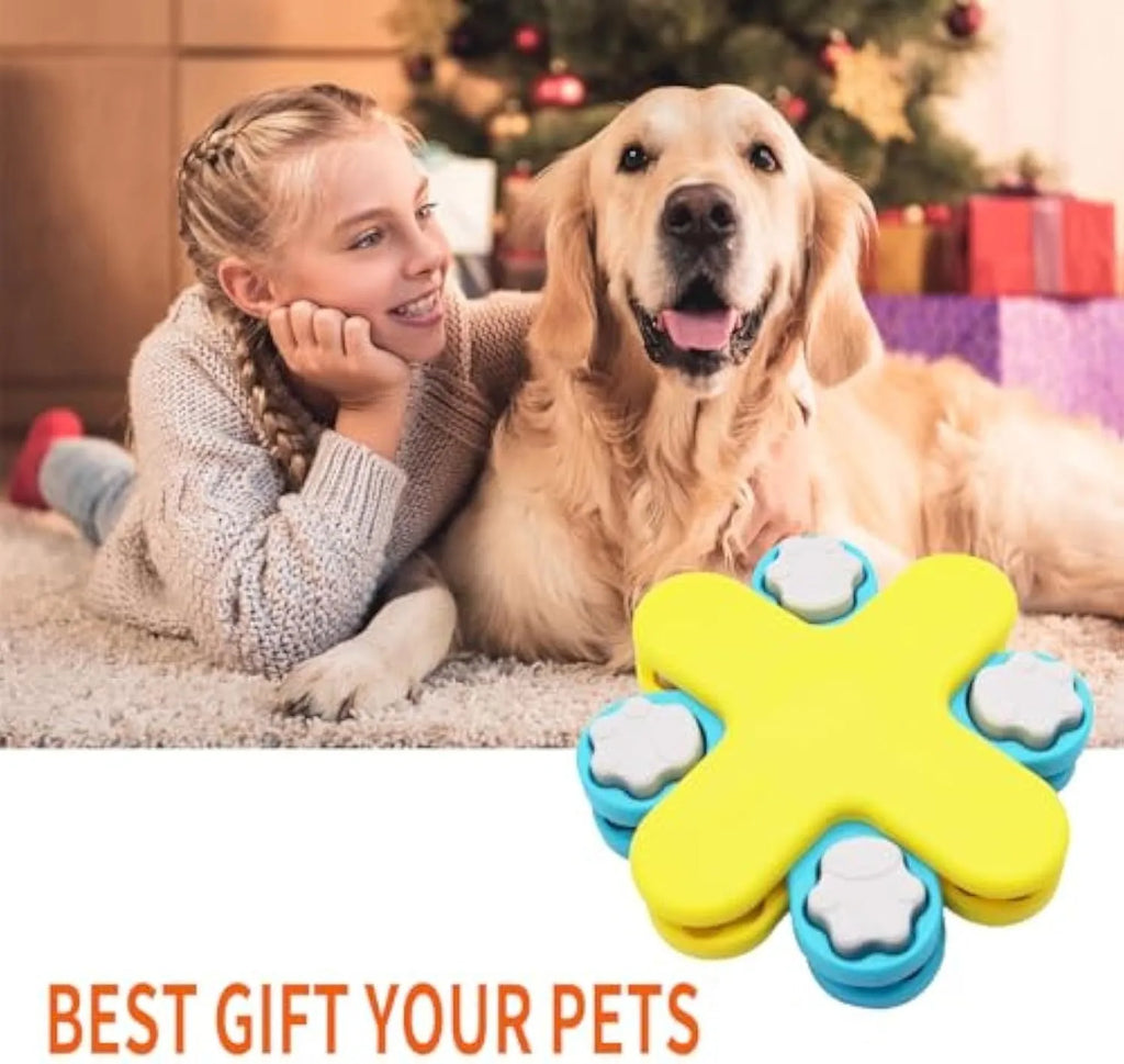Yellow dog puzzle feeder bowl with three rotating layers and anti-slip rubber base