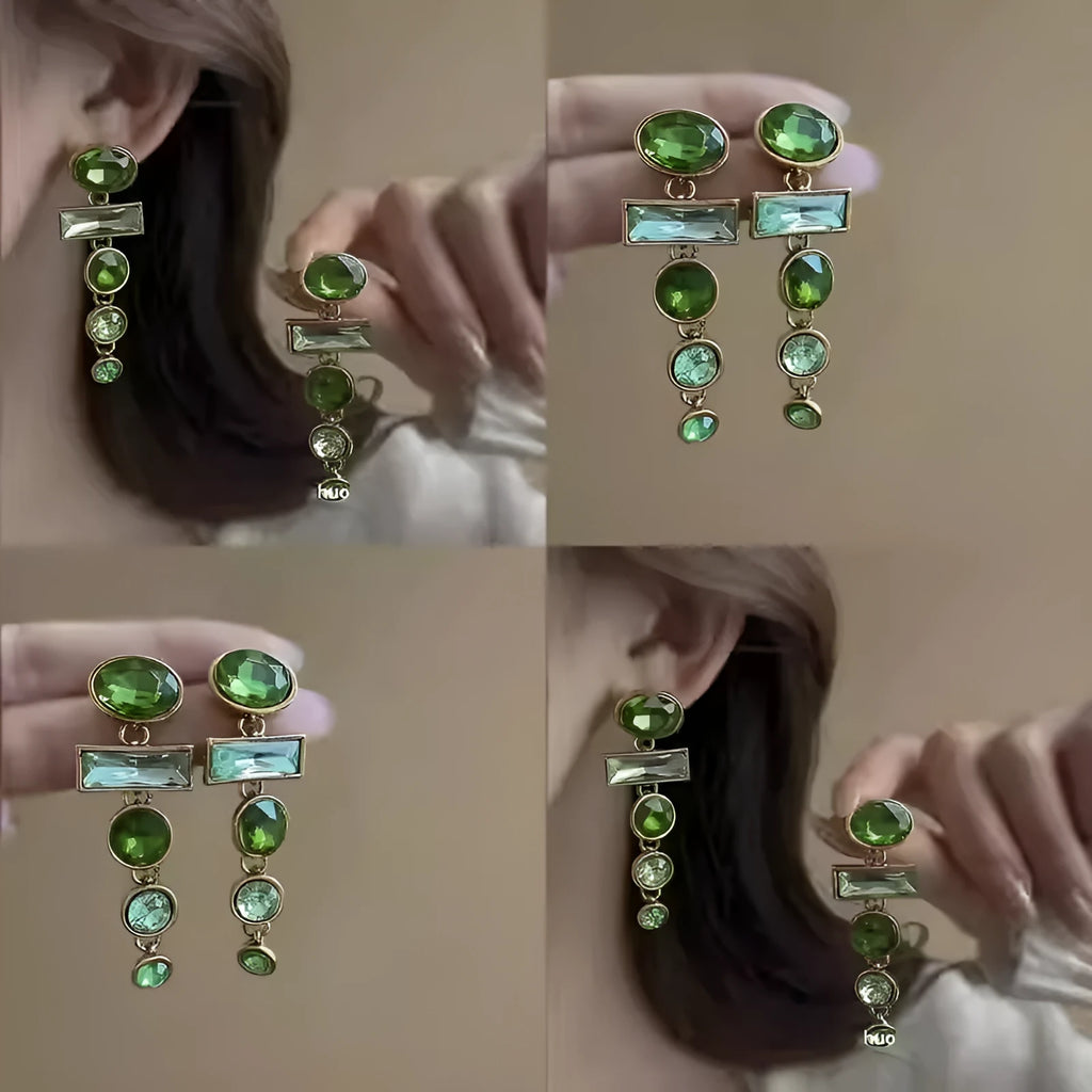 A pair of retro green gradient geometric earrings with tassels and inlaid zircon stones, Chinese-style design.