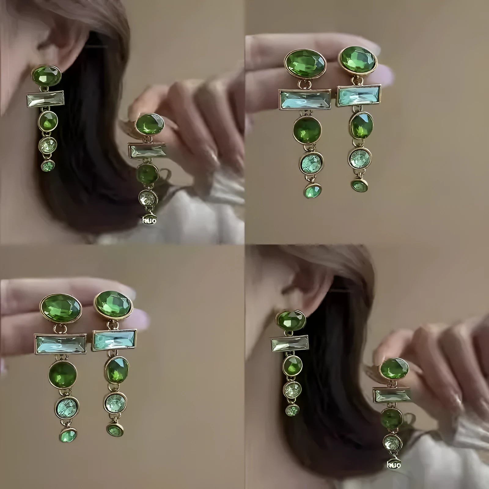 A pair of retro green gradient geometric earrings with tassels and inlaid zircon stones, Chinese-style design.