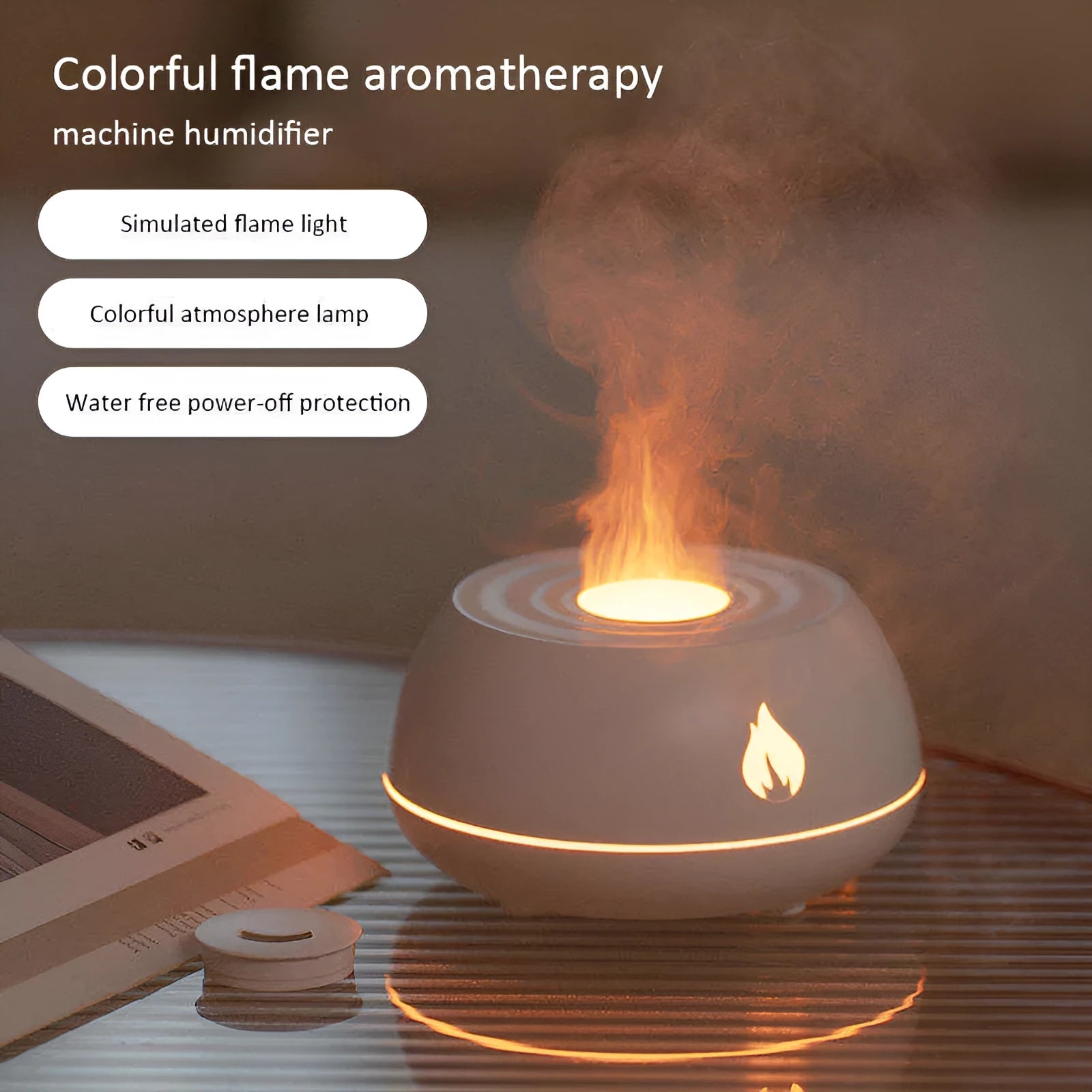 Flame humidifier aromatherapy diffuser with 7 colours light and 130ml USB tank in black