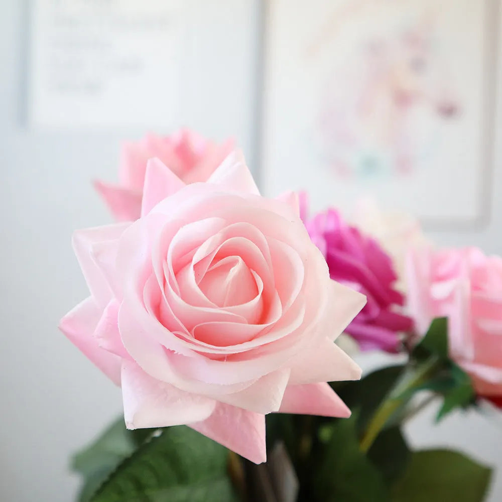 Artificial silk touch rose flower with red petals on a green plastic stem, showing approximate 42cm length.