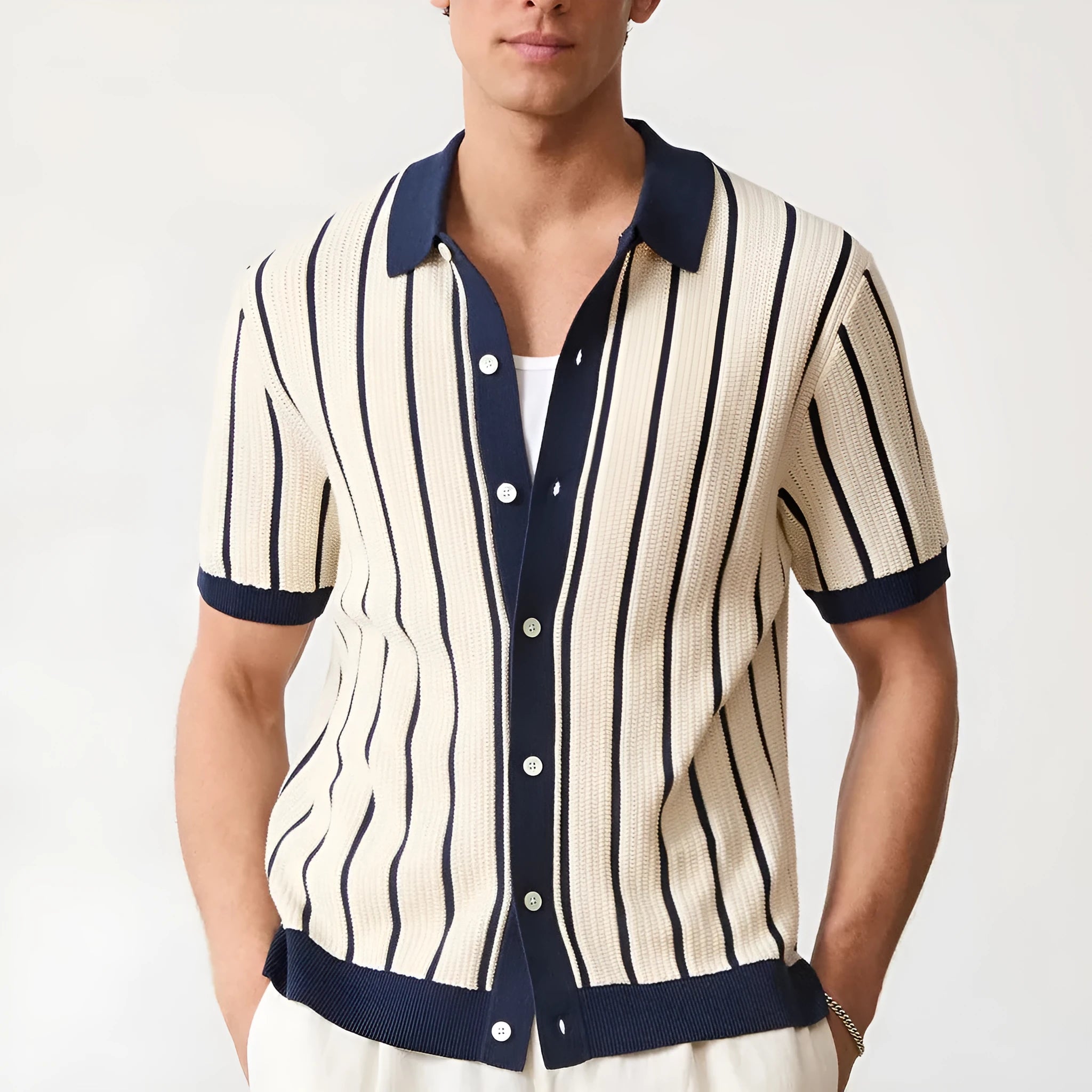 Men's white ice silk knitted lapel top with asymmetrical design and V-neck collar
