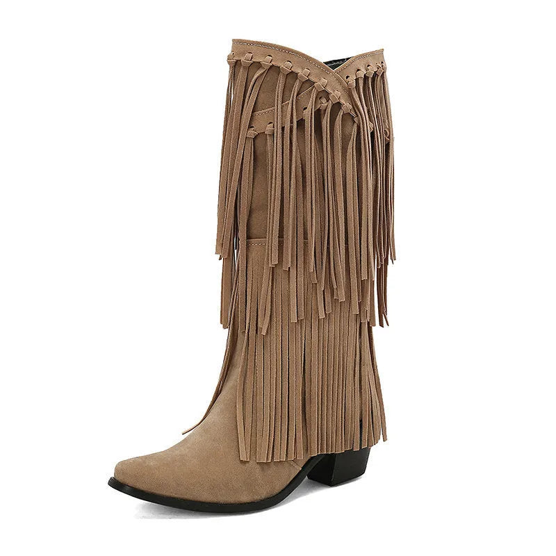 Women's suede mid-calf boots with chunky heel and square toe in beige colour