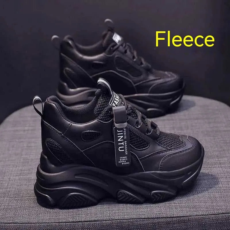 Women's black mesh platform casual shoes with hollow-out design and a TPR sole.