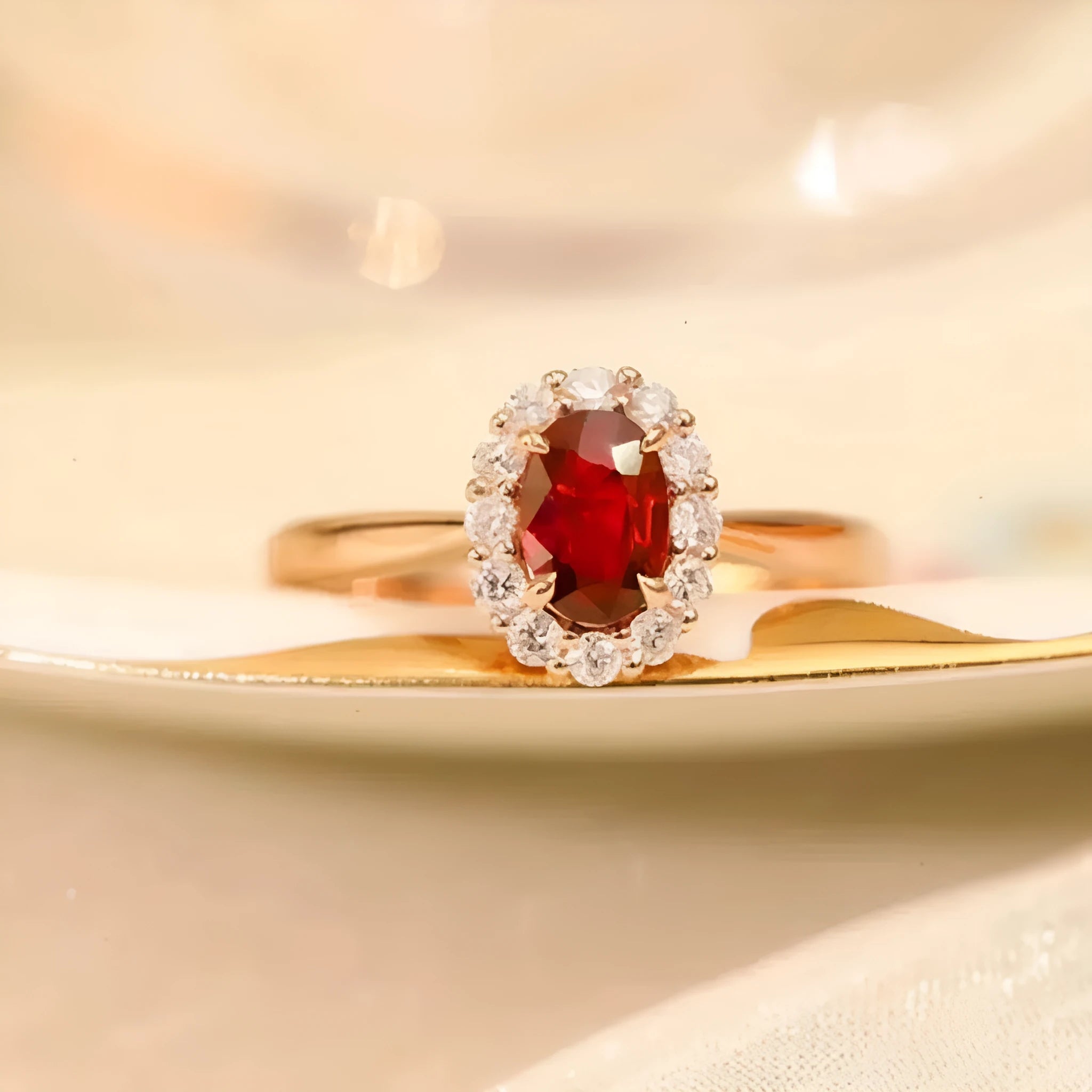 Gold pigeon blood red gemstone sterling silver ring with floral design for women
