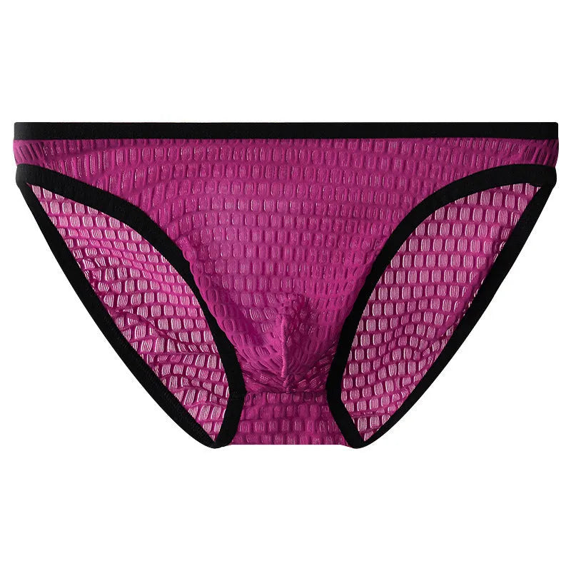 Men's low waist transparent lace underwear shorts in a solid colour on a neutral background.