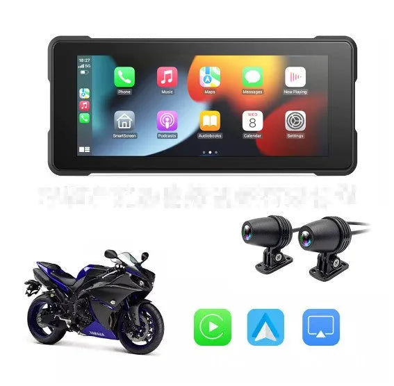6.86-inch motorcycle driving recorder with IP68 waterproof shell, high brightness IPS touch screen, and dual recording cameras mounted on handlebars