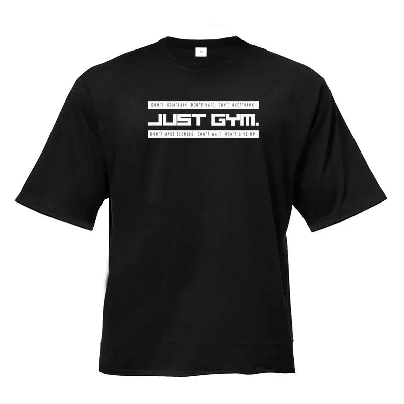 Five-point sleeve cotton bodybuilding sports t-shirt in black, round neck, front view