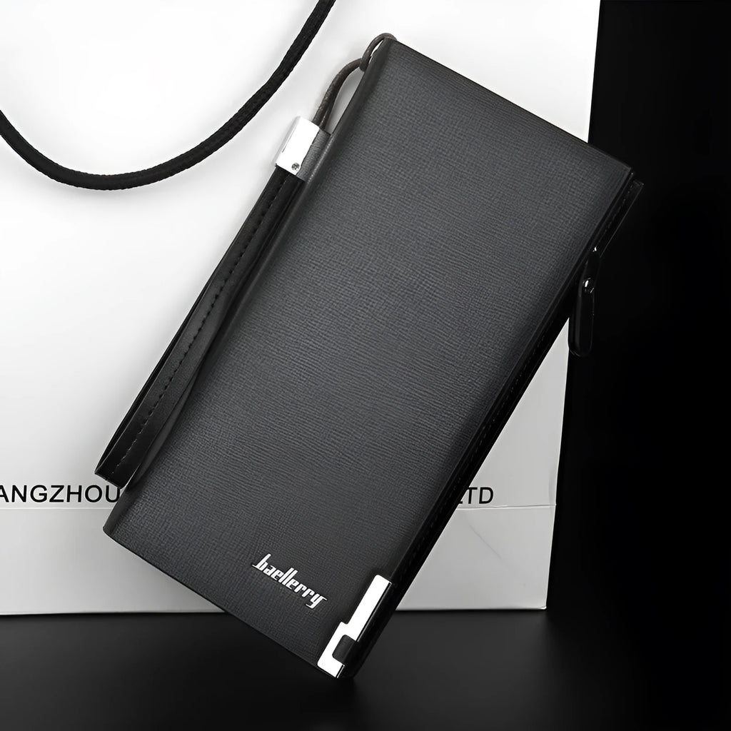 Men's long black PU leather wallet with a zipper, multiple card slots, and RFID protection.