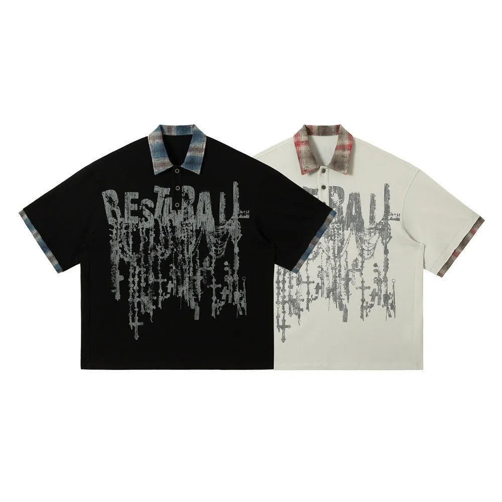 Men's cotton short sleeve top with graffiti printing in loose fit street style