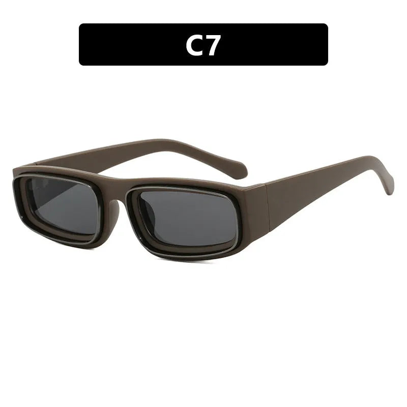 Double circle narrow frame square sun glasses in black with gray lens, retro punk street style design
