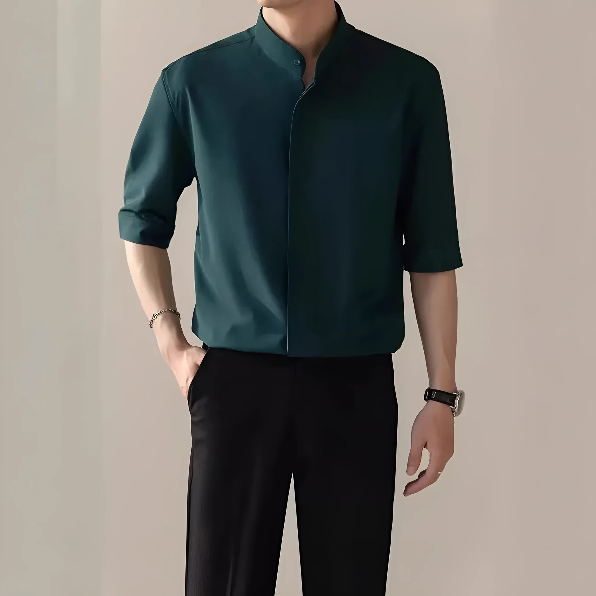 Men's thin stand collar short sleeve shirt in white, half sleeve polyester blend casual top