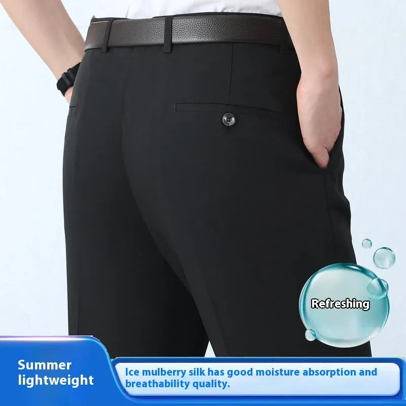 Men's straight leg formal trousers in a dark blue colour, showcasing the high waist and non-iron fabric blend.