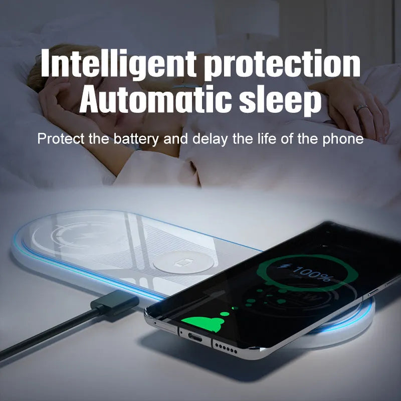 Flat 3-in-1 wireless charger 15W with ambient light in Black, charging a smartphone and earbuds on a desk