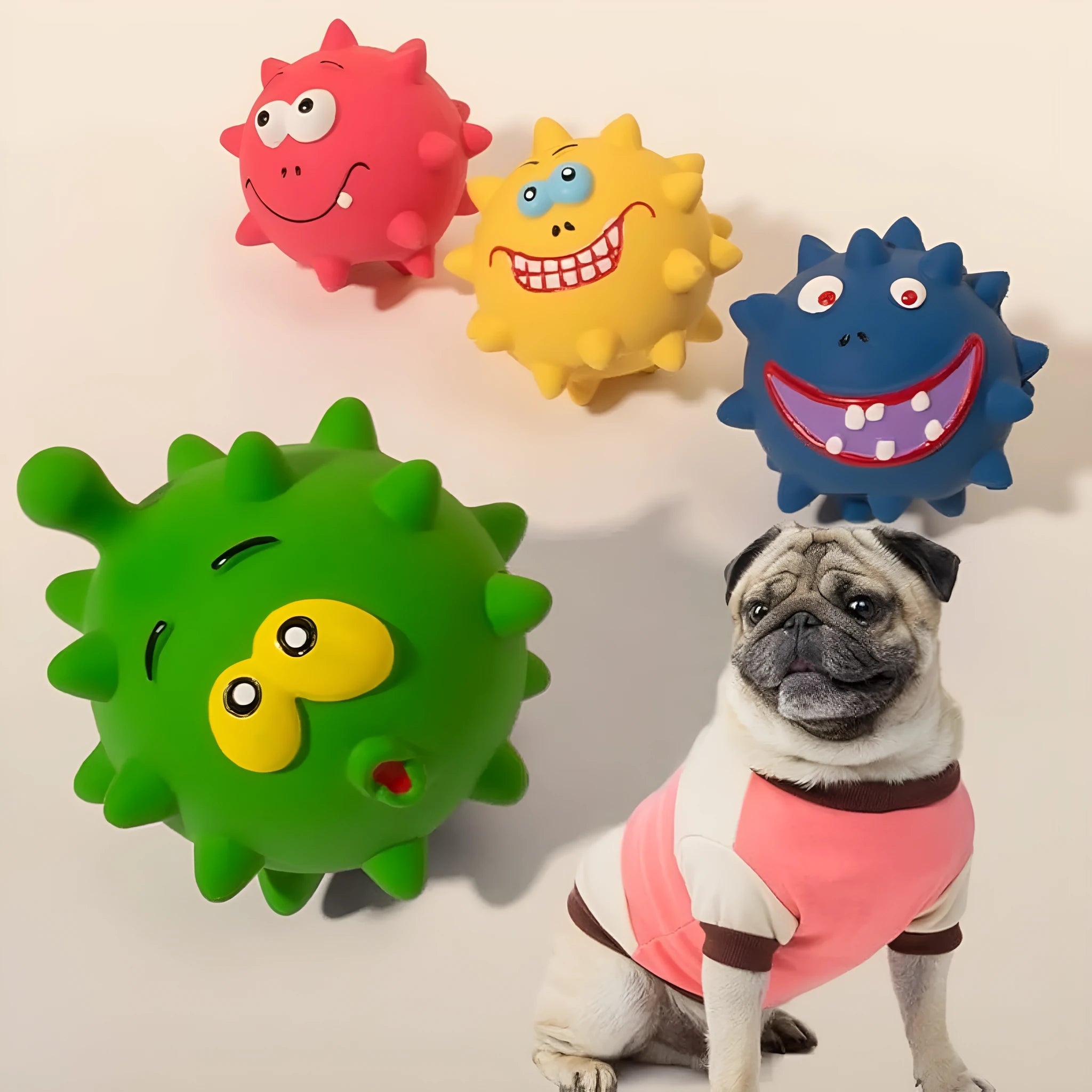 Set of four colourful latex squeaky dog balls with cute faces on bumpy textured surfaces