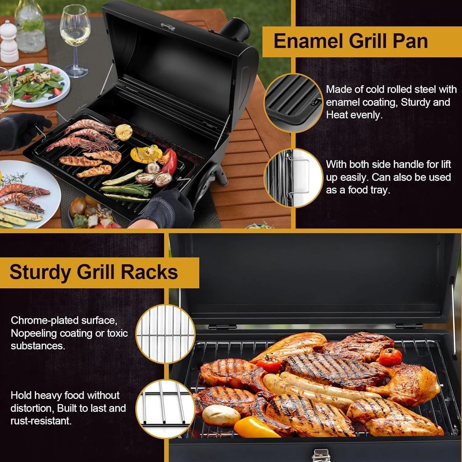 Small folding desktop charcoal barbecue stove with grill, shown in open and closed positions.