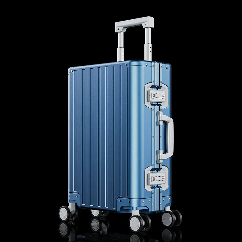 Aluminium magnesium alloy travel suitcase with striped pattern in silver colour, 24-inch size, metal hard shell construction