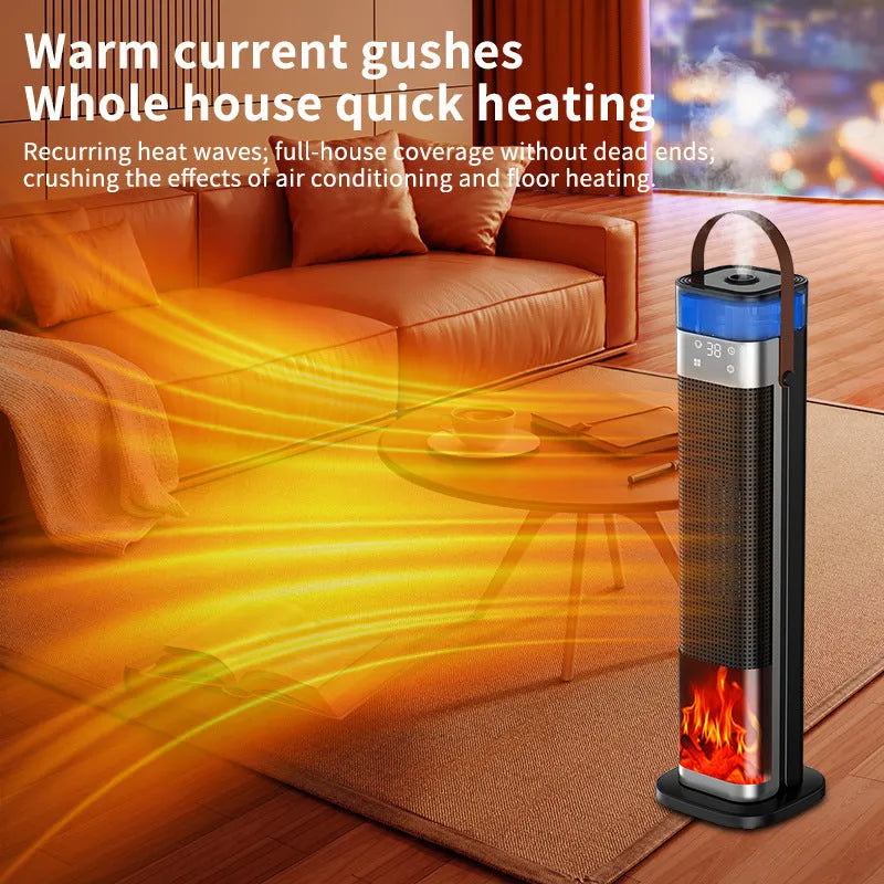 Tall, slim intelligent vertical heater with humidification function and remote control on a wooden floor.
