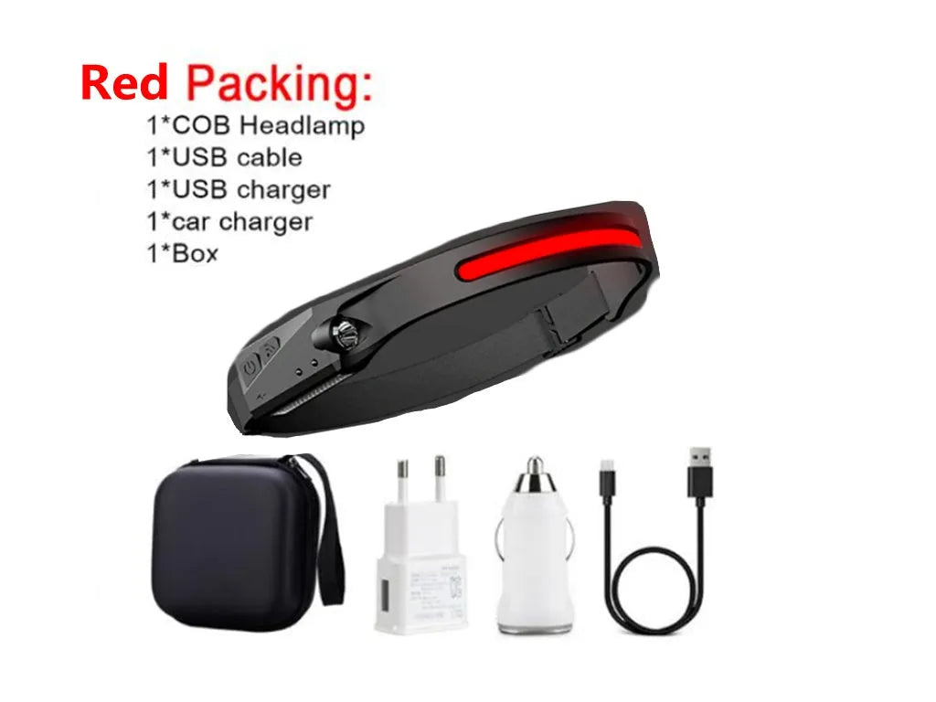 COB LED induction headlamp with wide beam and side LED for long-distance lighting, USB rechargeable, silicone build