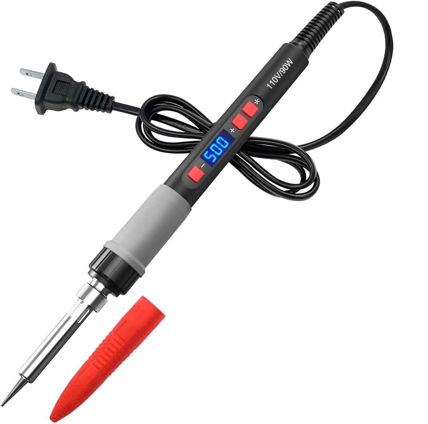Grey aluminium alloy 90W electric soldering iron kit with five tips, sponge, and solder on a workbench.