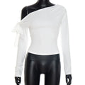Women's pleated one-shoulder twisted knot tie asymmetric long sleeve T-shirt solid colour slim fit