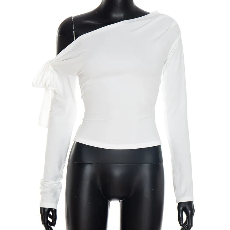 Women's pleated one-shoulder twisted knot tie asymmetric long sleeve T-shirt solid colour slim fit