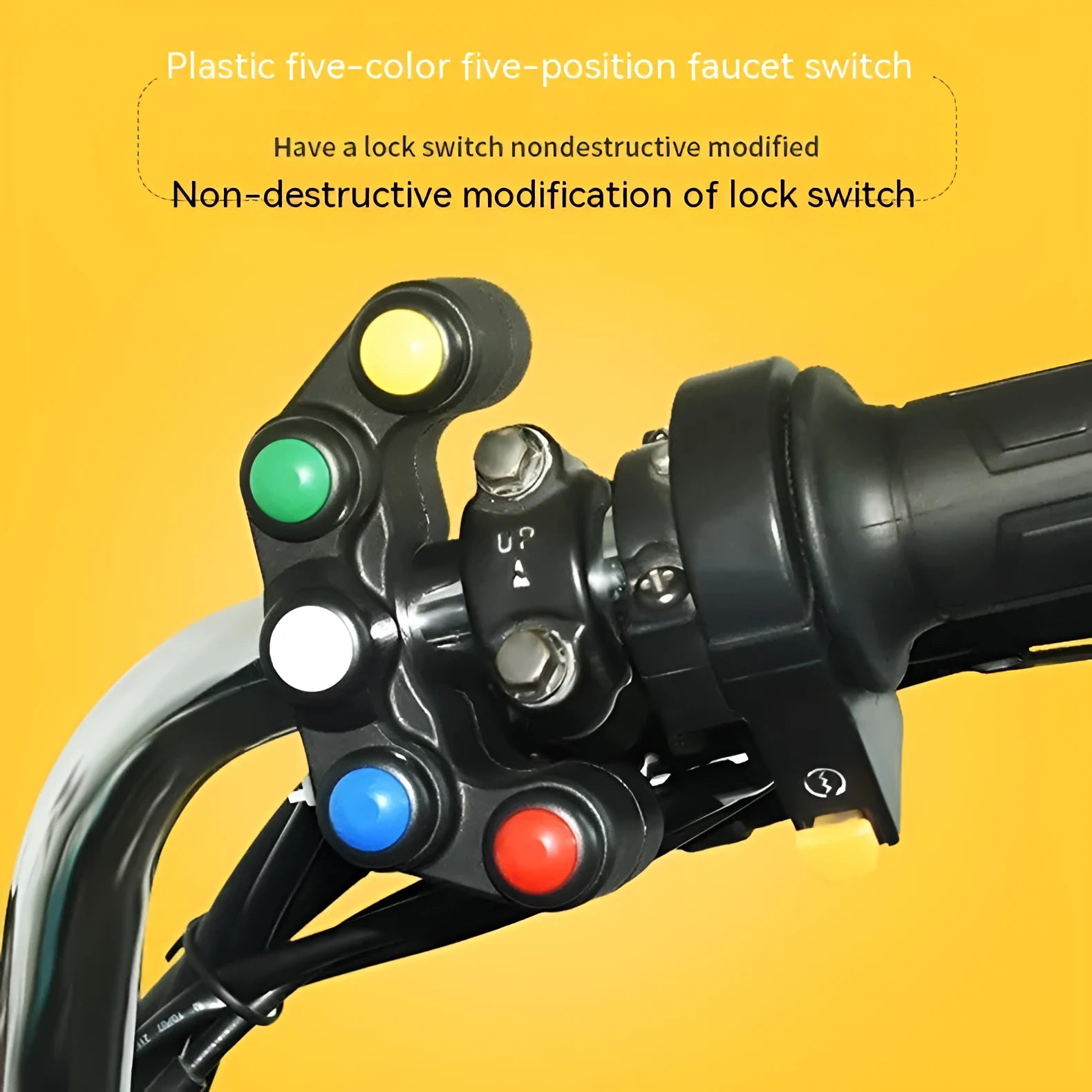 Five-position vehicle rotary switch with red, yellow, blue, green, white buttons for accessory control