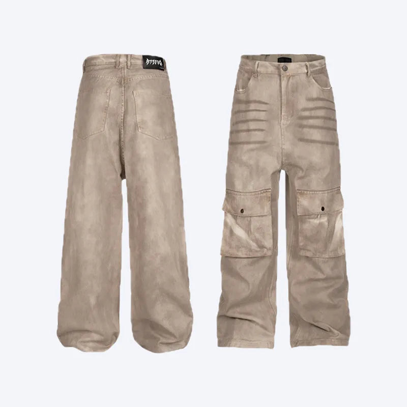 Marble dark straight loose A-line casual pants in pure cotton denim for teenagers mid waist zip fly