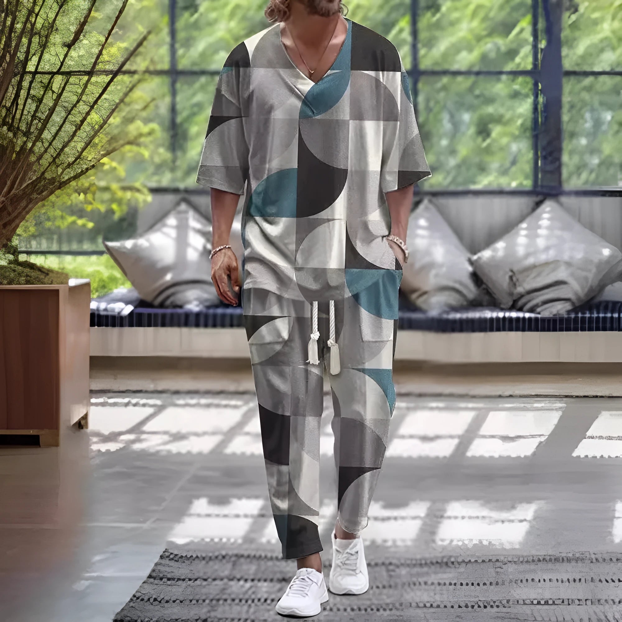 Man's thin polyester tracksuit set with V-neck cropped sleeve jacket and matching trousers