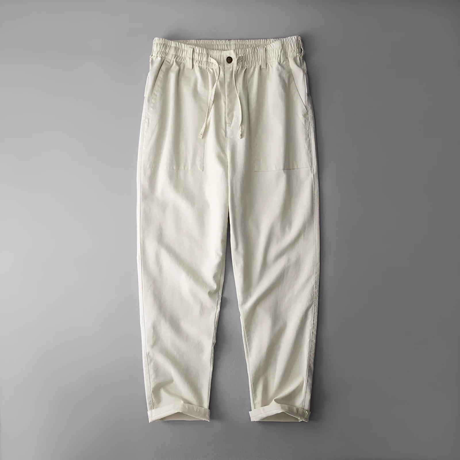 Men's linen casual trousers in navy blue, apricot linen and grey colours with mid waist design