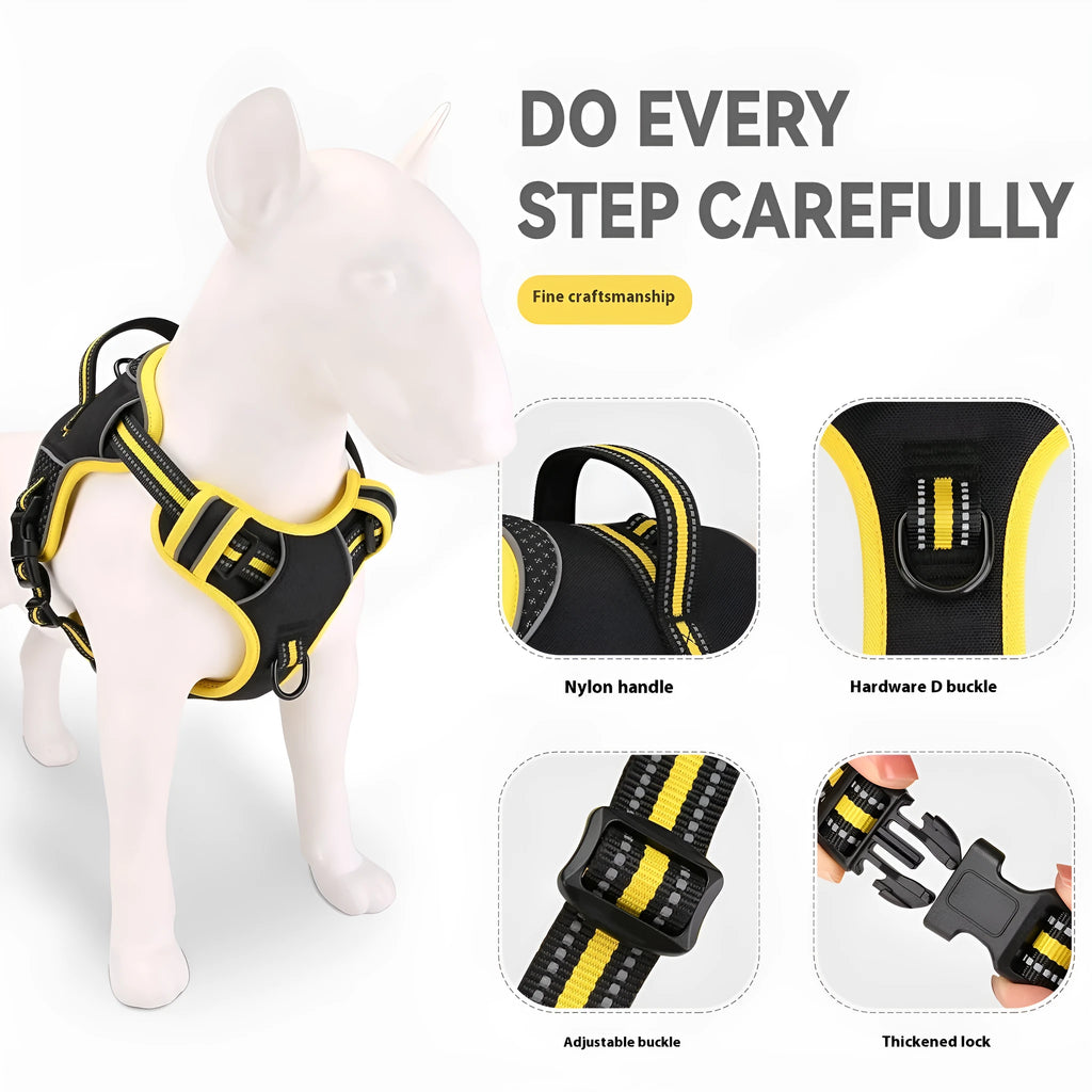 Yellow and orange polyester dog harness and lead set with anti-breaking strap on grass.