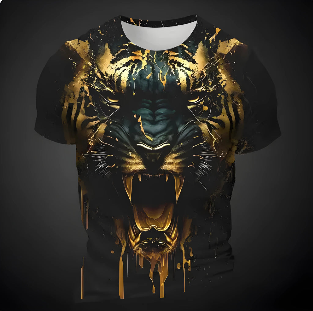 Men's grey t-shirt with a detailed 3D tiger face print on the chest.