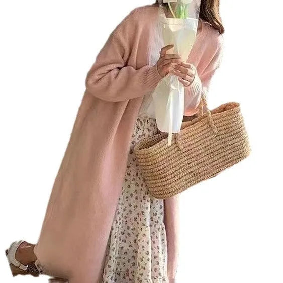 Women's mid-length knitted cardigan with V-neck and long sleeves in loose fit
