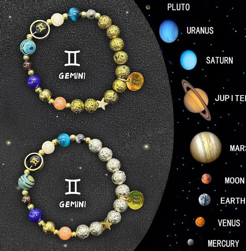 Set of two natural stone beaded bracelets with Zodiac sign charms on a dark background.