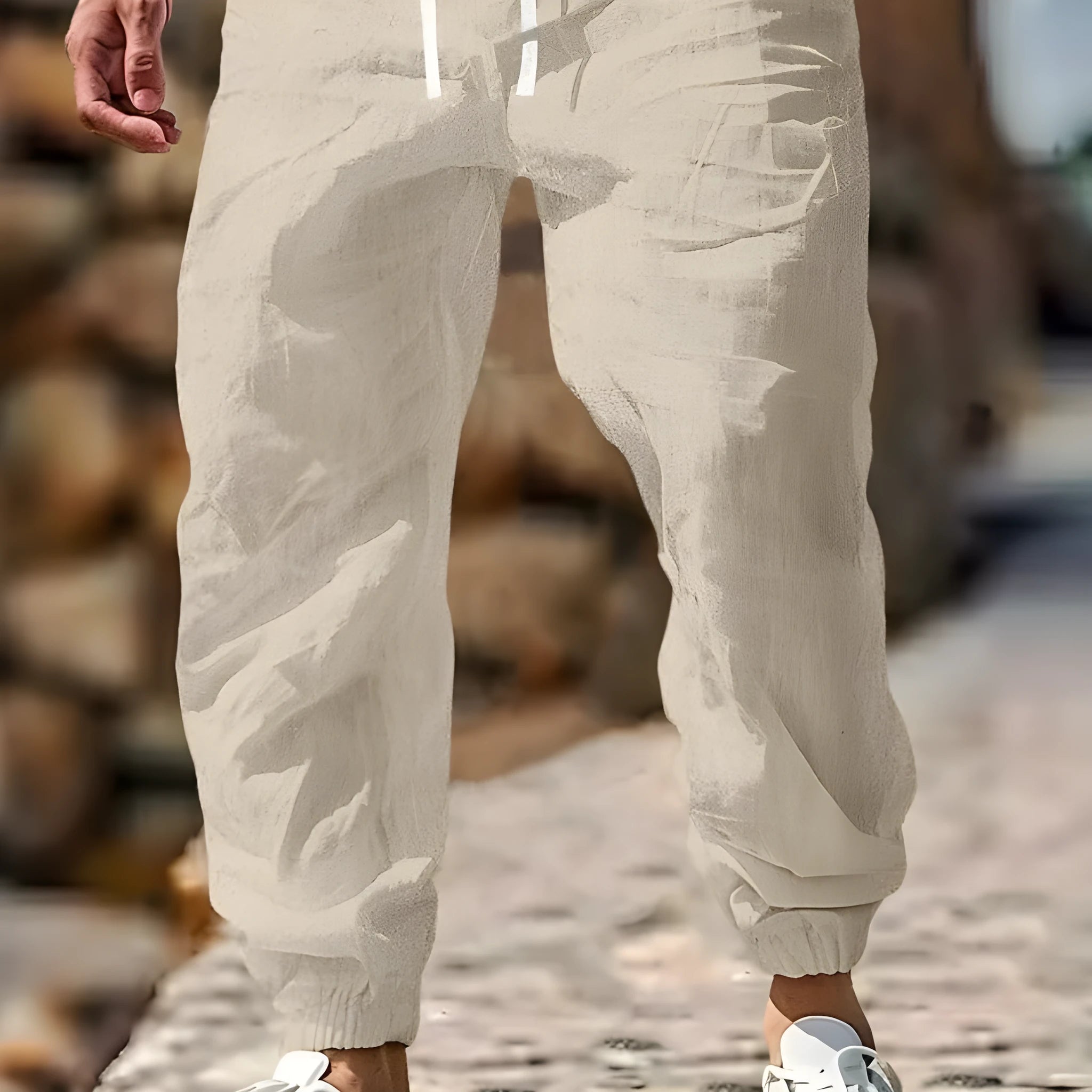 Men's straight leg linen trousers in Army Green with elastic waistband