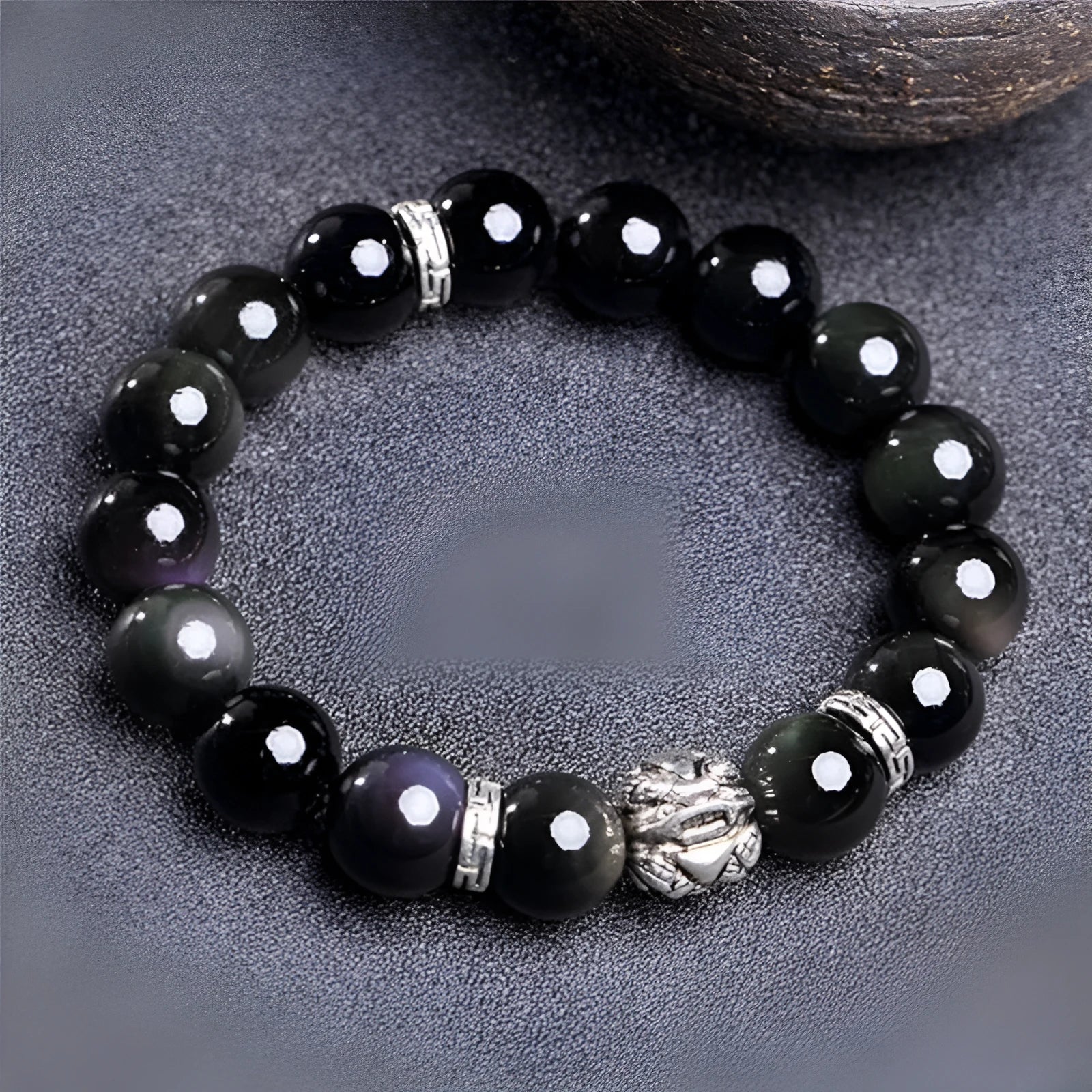 Obsidian bracelet with silver 999 detail and lucky colour eye beads in 10mm and 12mm sizes.