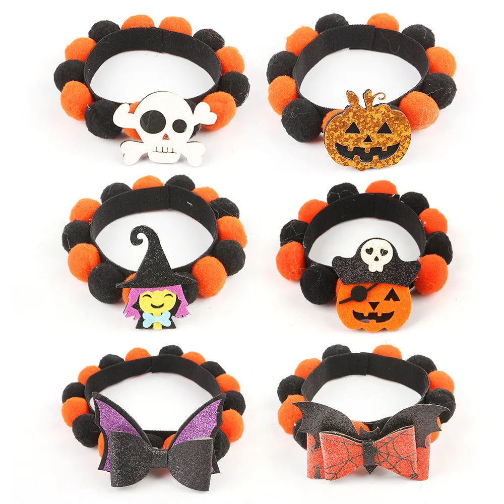 Halloween pet fur ball collar accessory for small dogs and cats in pumpkin, skull, and witch designs.