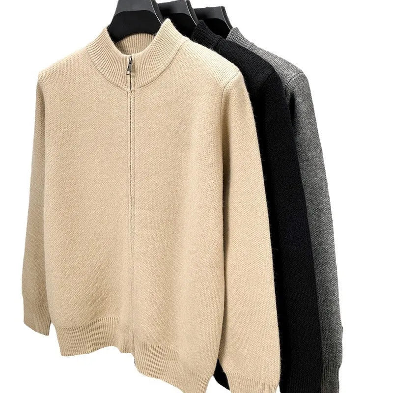 Men's black stand collar cardigan with front zipper showing loose fit and thickened knit construction