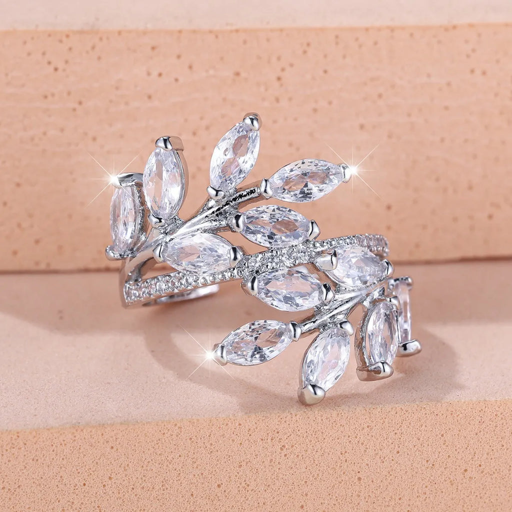Adjustable horse eye zircon leaf ring in copper with leaf shape design and multiple colour finish options