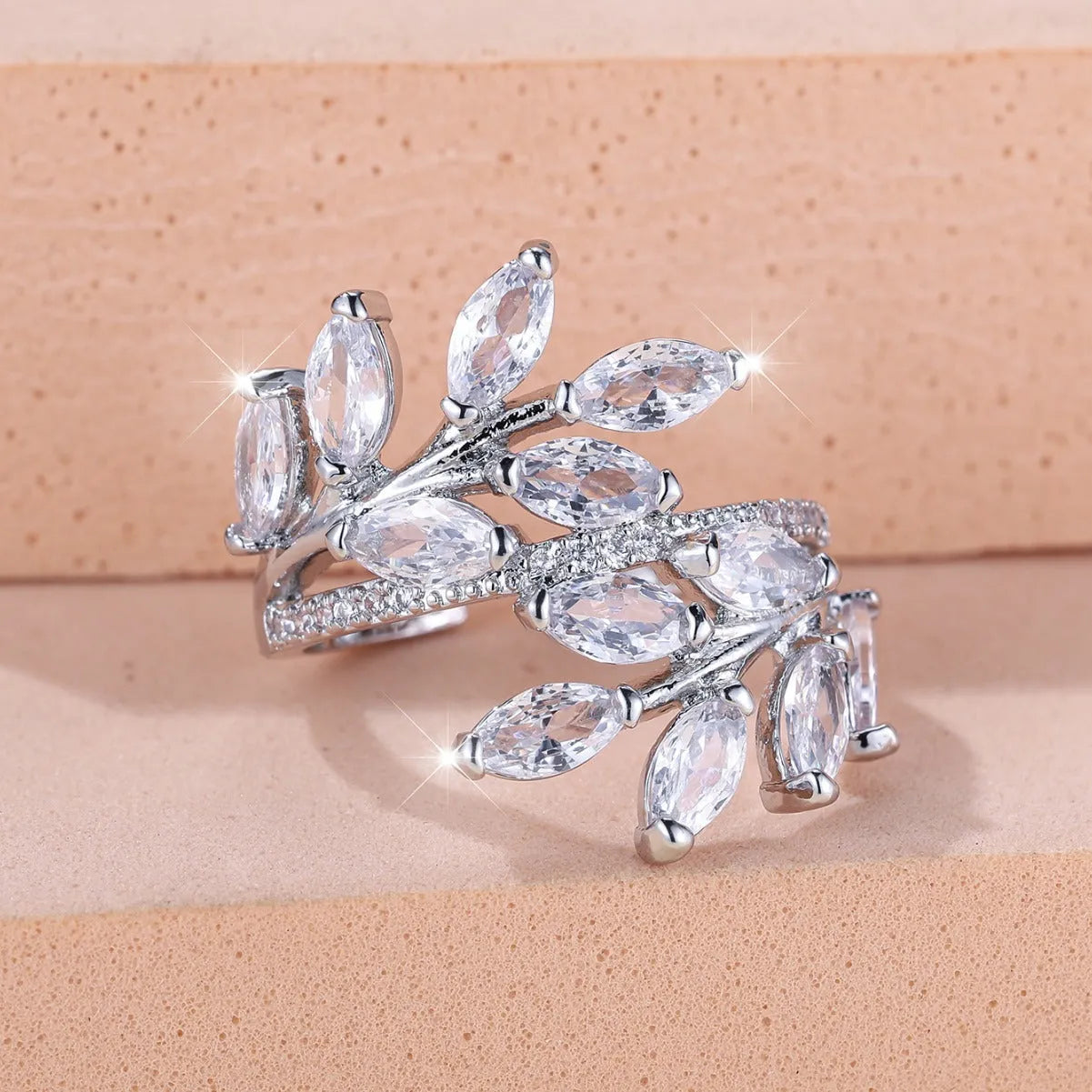 Adjustable horse eye zircon leaf ring in copper with leaf shape design and multiple colour finish options