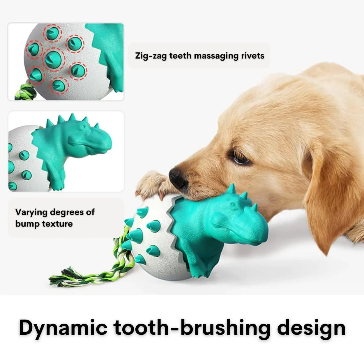 Blue durable dinosaur-shaped dog chew toy with textured grooves and an attached rope for aggressive chewers