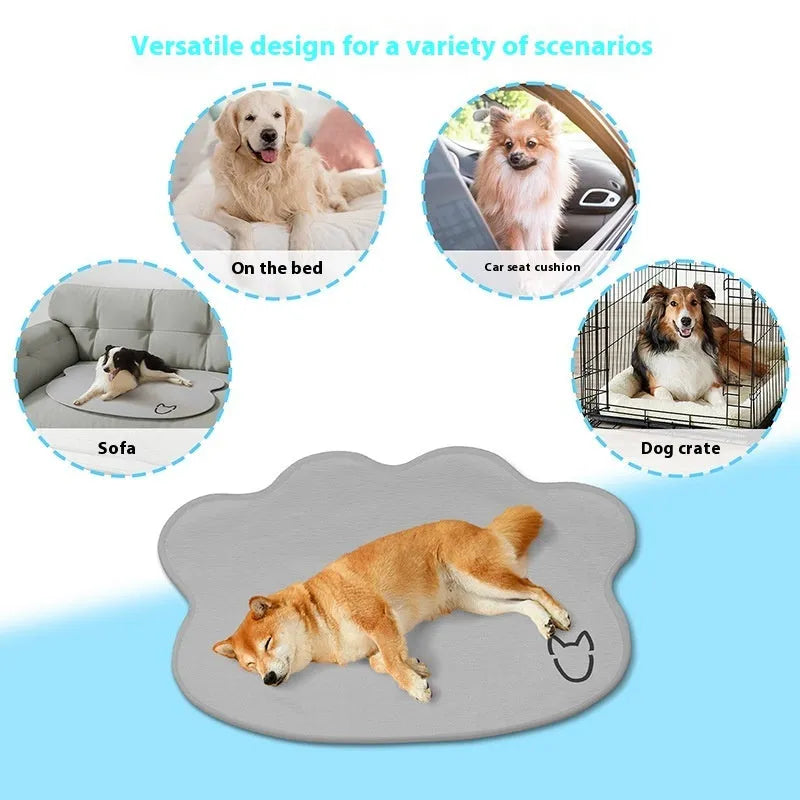 Ice silk dog cooling pad with dog head print, shown in light grey colour on a non-slip base.