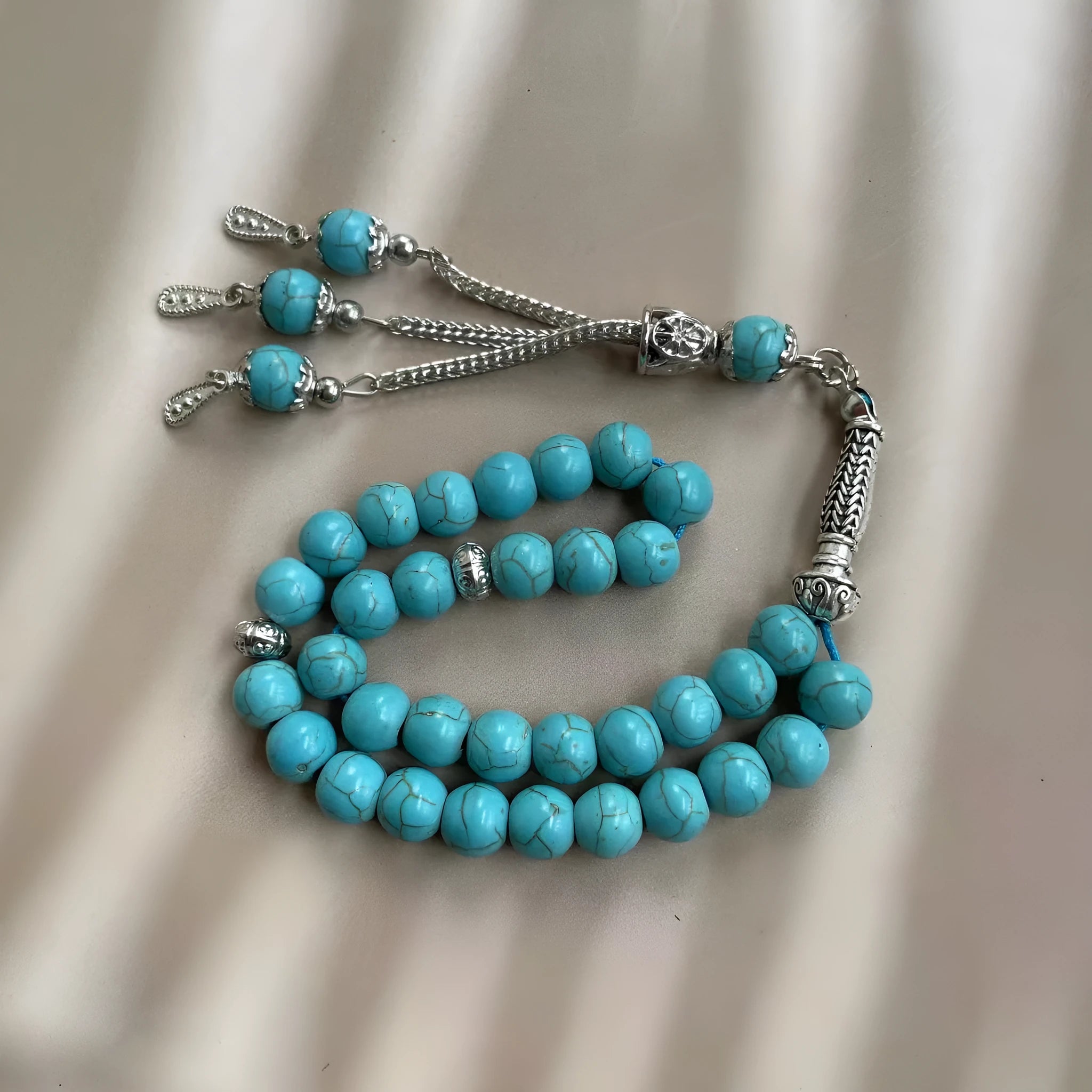 Handmade sky blue stone Muslim prayer bracelet with 8mm tasbih beads for Dhikr counting