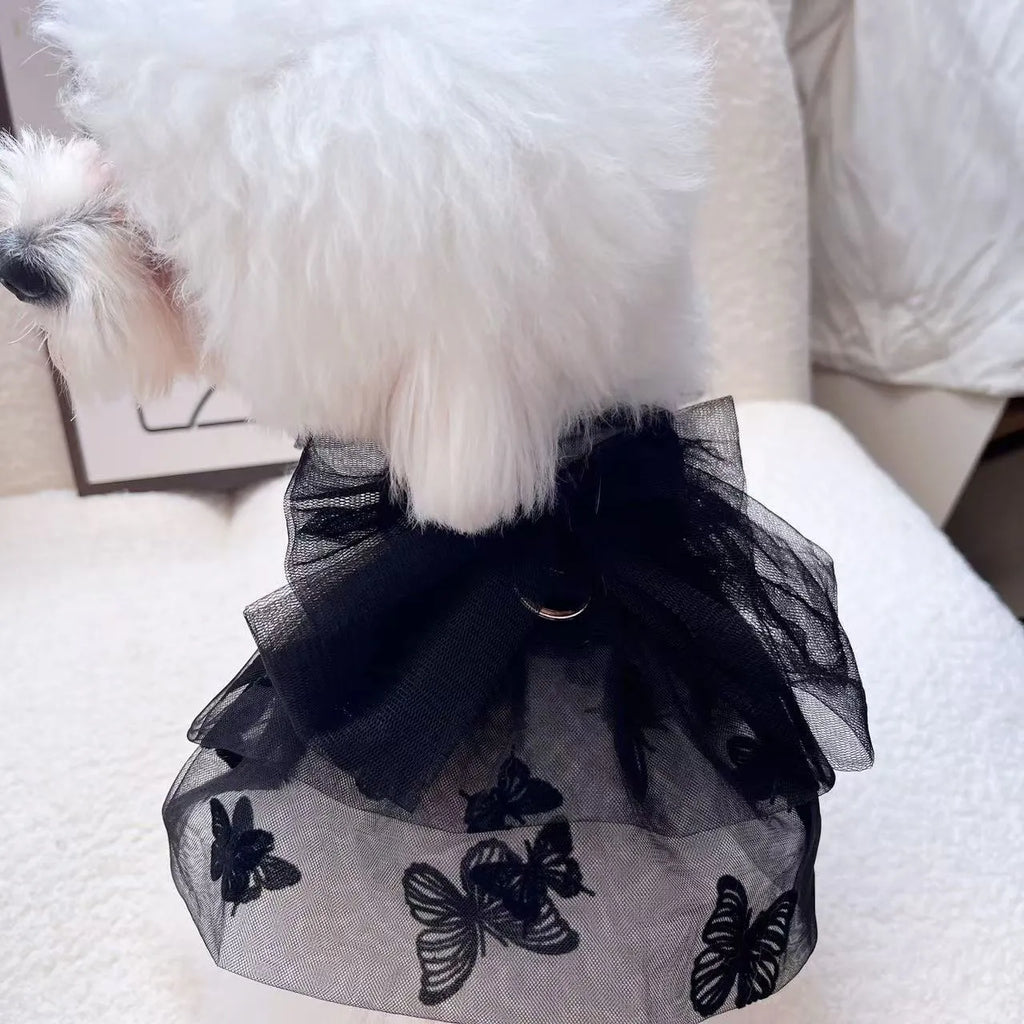 Black polyester gauze princess tulle skirt for a small dog, showing layered design.