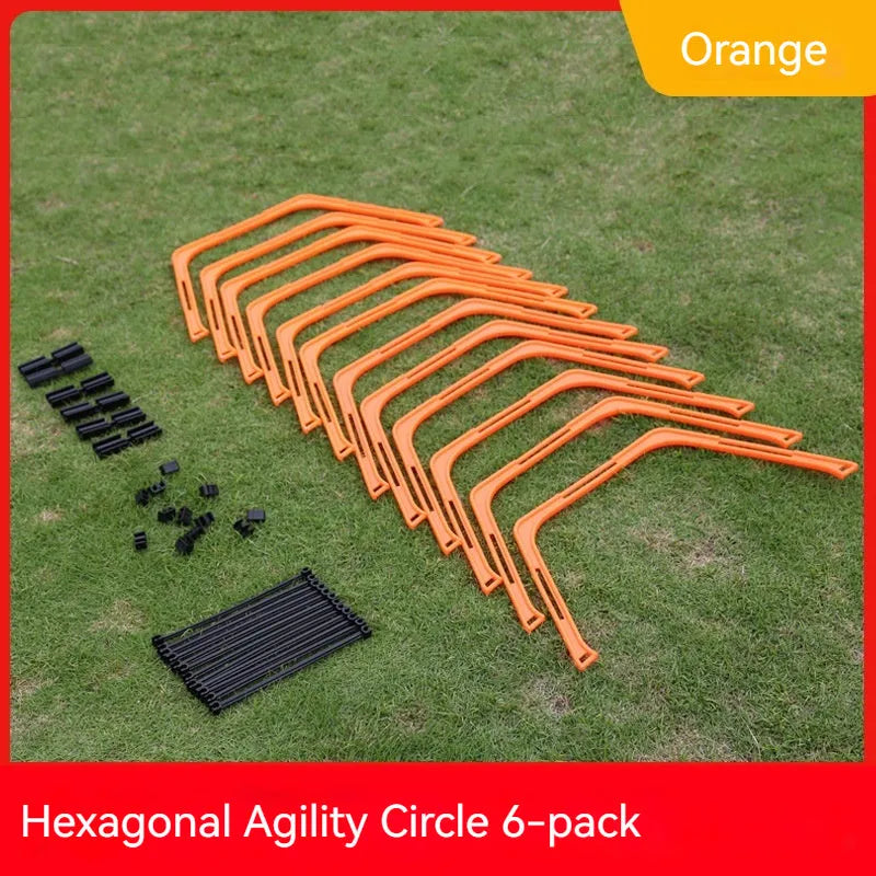 Six foldable hexagon agility training rings in green, orange, and yellow colours for football drills.
