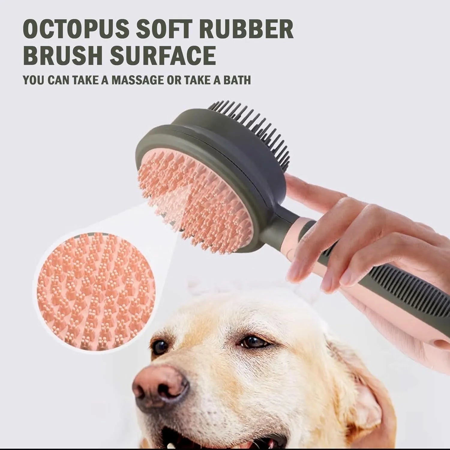 Green and pink reversible cat brush showing slicker brush side and flea comb side with release button